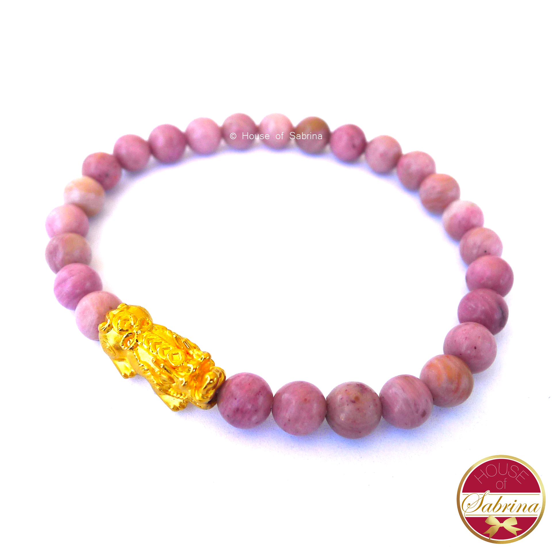 24K Gold Medium Pi Yao Charm in Rhodonite Bracelet