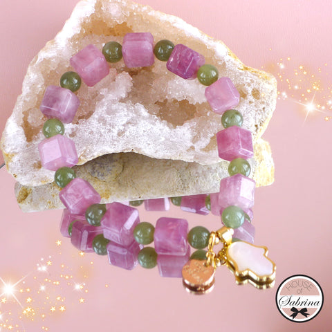HIGH GRADE CUBE MADAGASCAN ROSE QUARZ AND RUSSIAN JADE HAMSA BRACELET