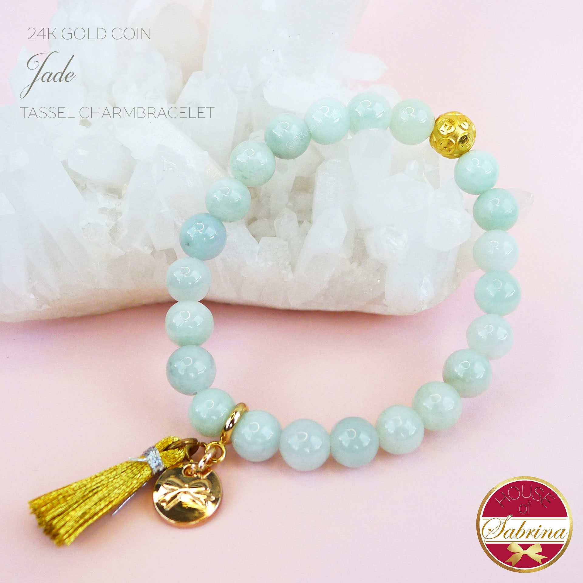 24K GOLD FORTUNE COIN + JADE GEMSTONE TASSEL BRACELET