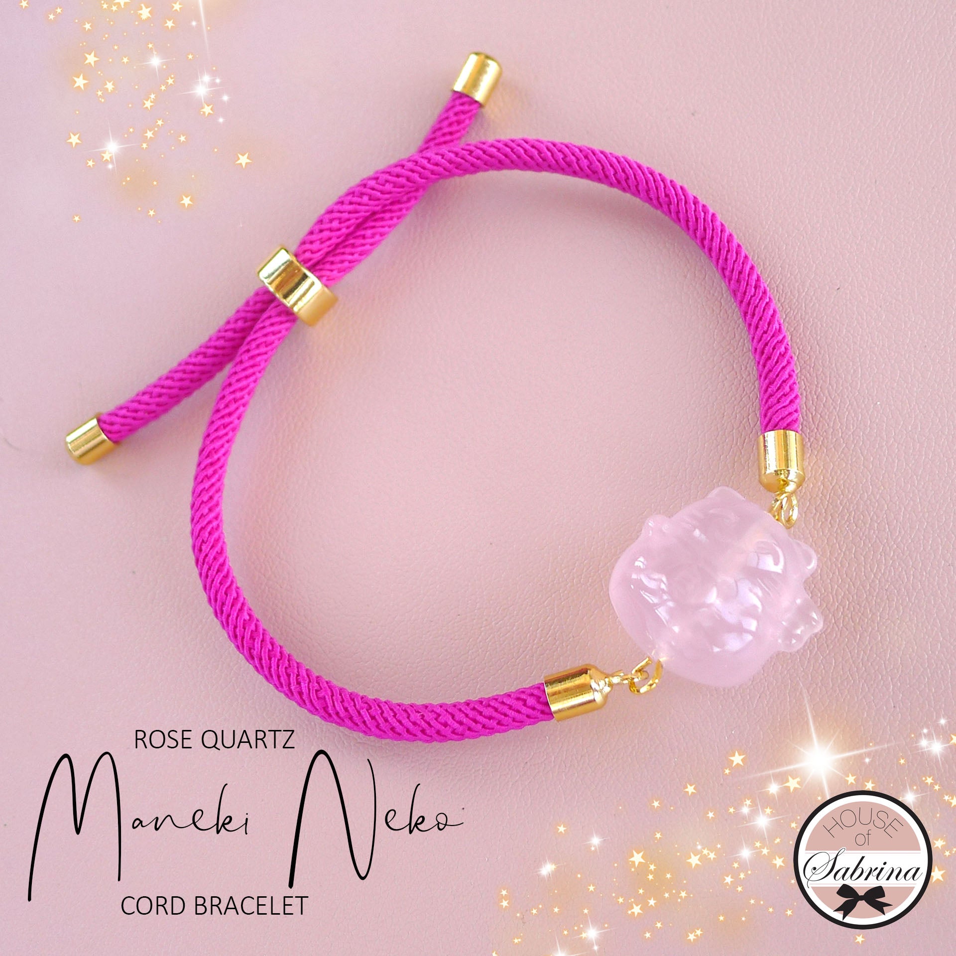 MANEKI NEKO ROSE QUARTZ STATEMENT CORD BRACELET