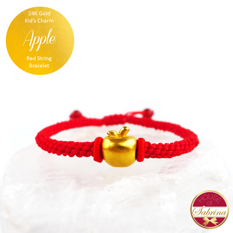 24K Gold Kid's Apple Charm on Red String Bracelet