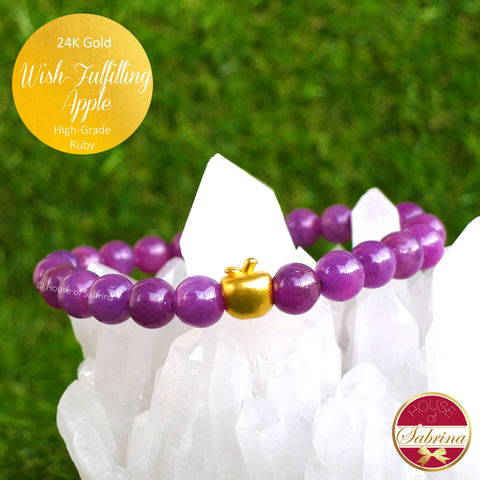 24K Gold Wish Fulfilling Apple on High Grade Ruby Gemstone Bracelet