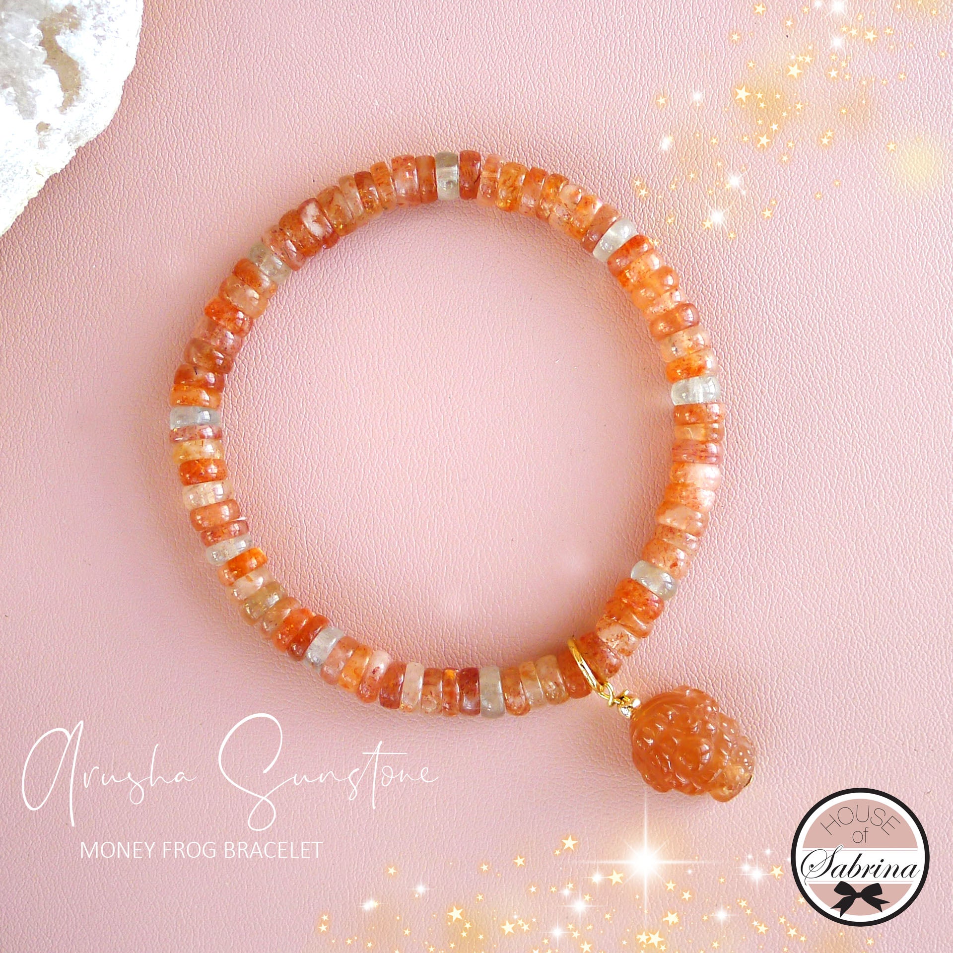 HIGH GRADE THREE LEGGED MONEY FROG ARUSHA SUNSTONE ABACUS GEMSTONE BRACELET