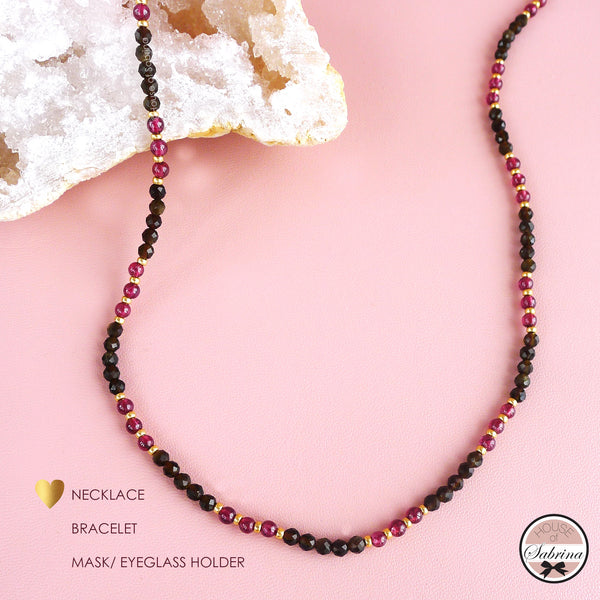 BLACK OBSIDIAN AND PURPLE GARNET MULTIWAY NECKLACE, BRACELET, MASK LANYARD, EYEGLASSES HOLDER