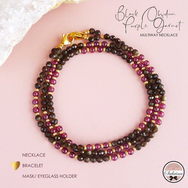 BLACK OBSIDIAN AND PURPLE GARNET MULTIWAY NECKLACE, BRACELET, MASK LANYARD, EYEGLASSES HOLDER