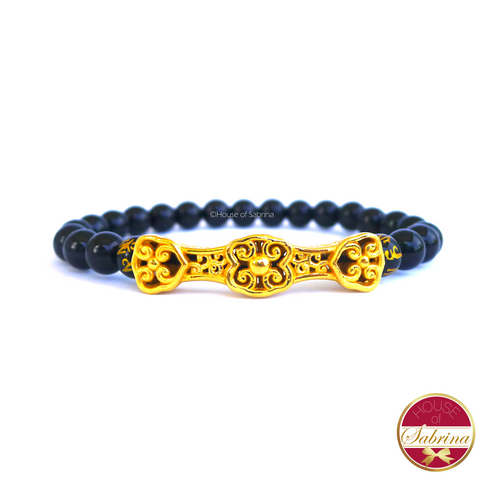 24K Gold Ru Yi in Black Onyx Crystal Gemstone Lucky Charm Bracelet