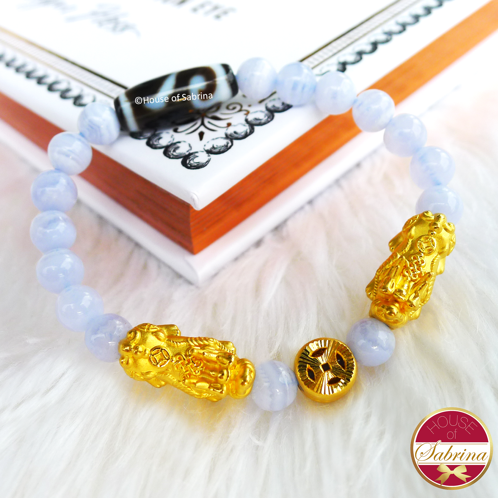 24K Gold Medium Double Pi Yao with Coin & Money Hook Dzi on Blue Lace Agate Gemstone Bracelet