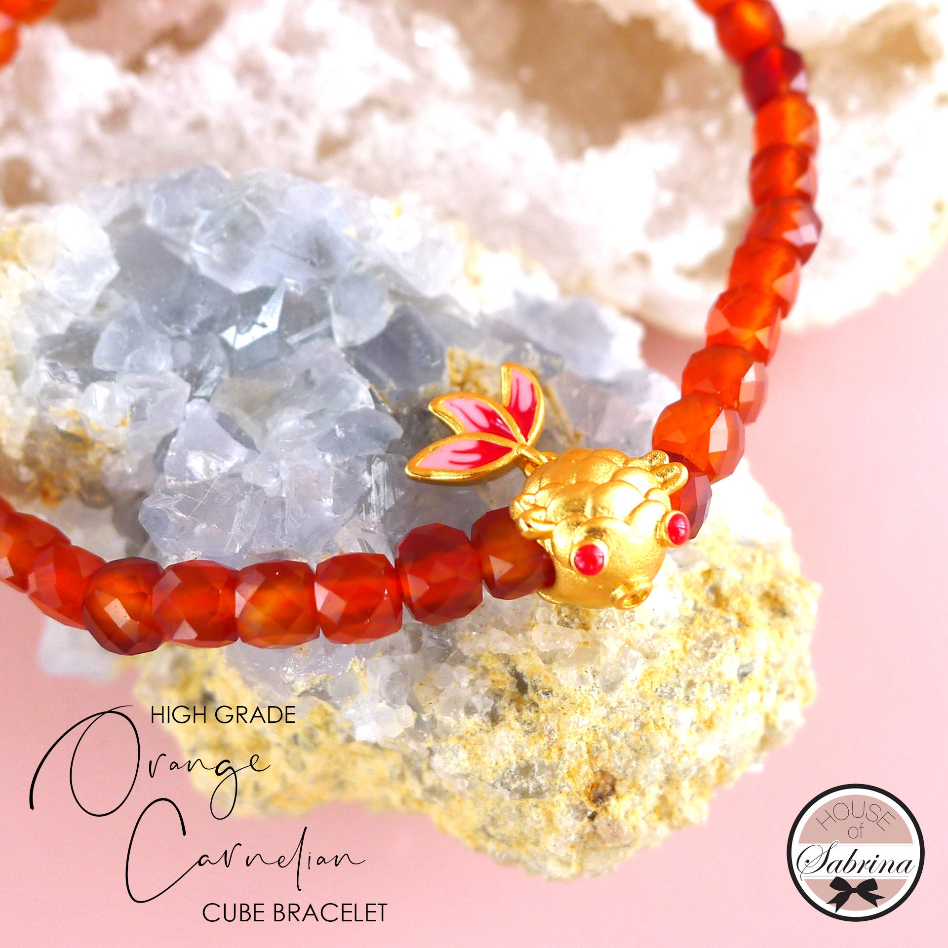 ORANGE CARNELIAN CUBE GOLD FISH BRACELET