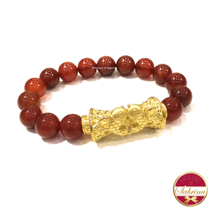 24K Gold Fortune Double Koi Barrel on Red Carnelian Gemstone Bracelet