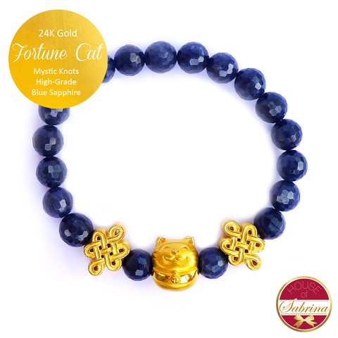 24K Gold Fortune Cat with Mystic Knots in High Grade Blue Sapphire Gemstone Bracelet