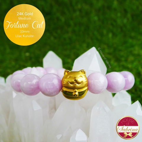24K Gold Fortune Cat on High Grade Lilac Kunzite Bracelet