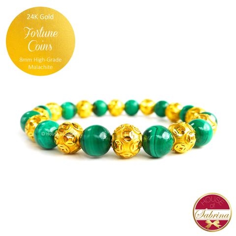 24k Gold Fortune Coins on High Grade Malachite Gemstone Feng Shui Bracelet