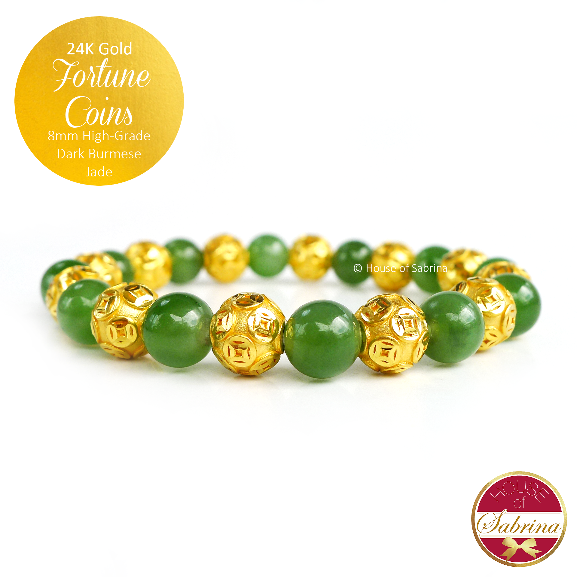 24K Gold Fortune Coins on Dark Green Burmese Jade Lucky Charm Bracelet