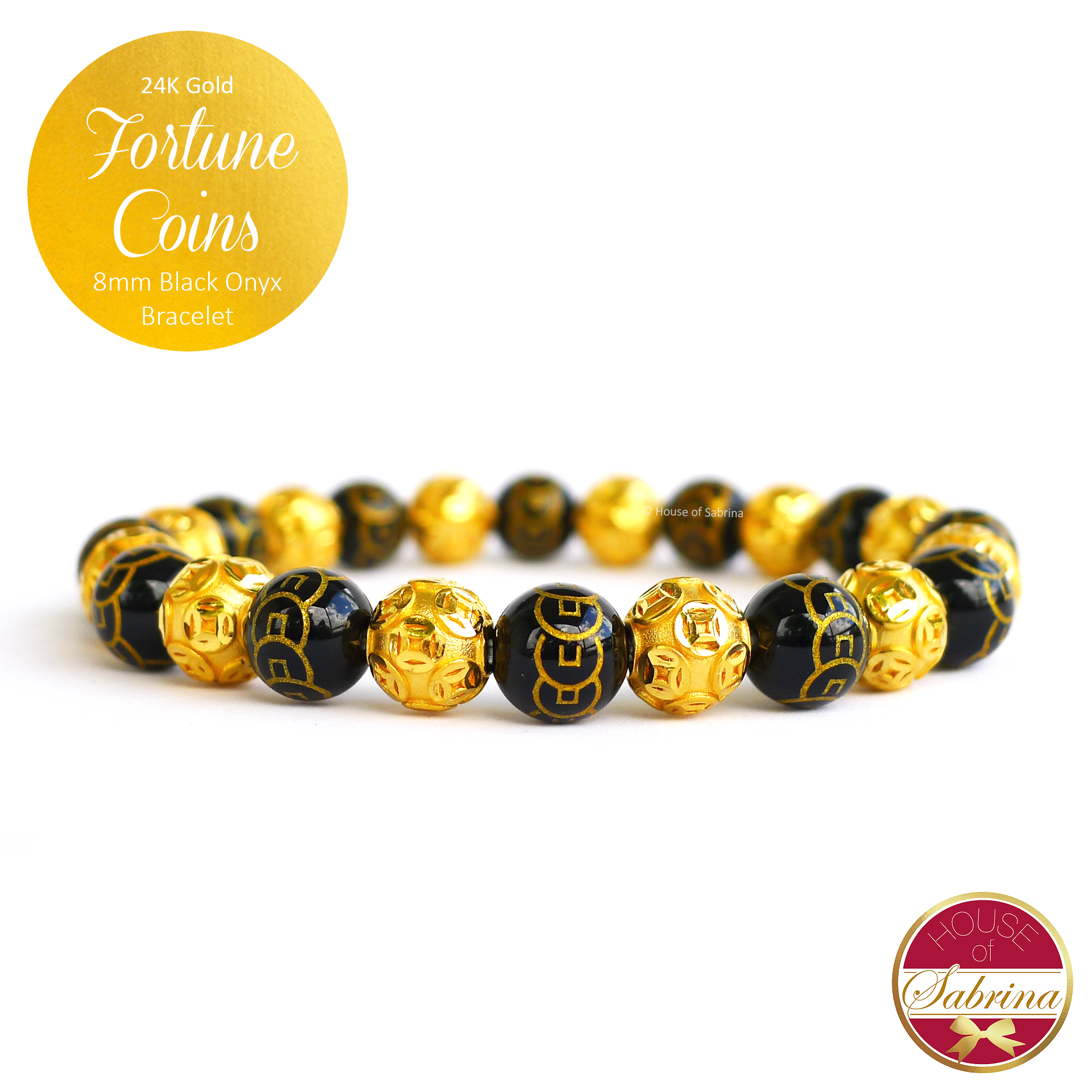 24K Gold Fortune Coins on Black Onyx Lucky Charm Bracelet