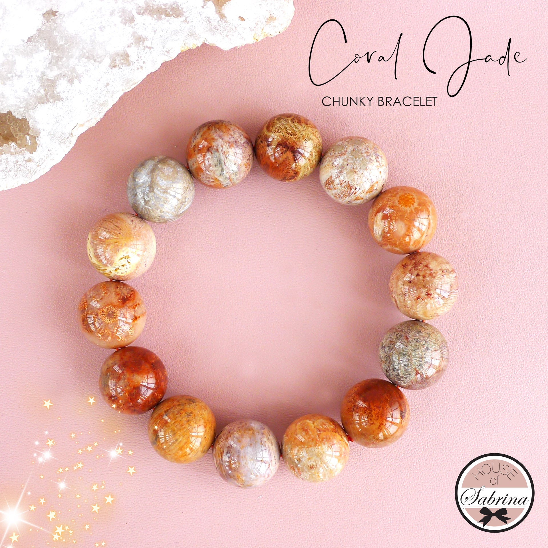 CHUNKY CORAL JADE GEMSTONE BRACELET (15mm)