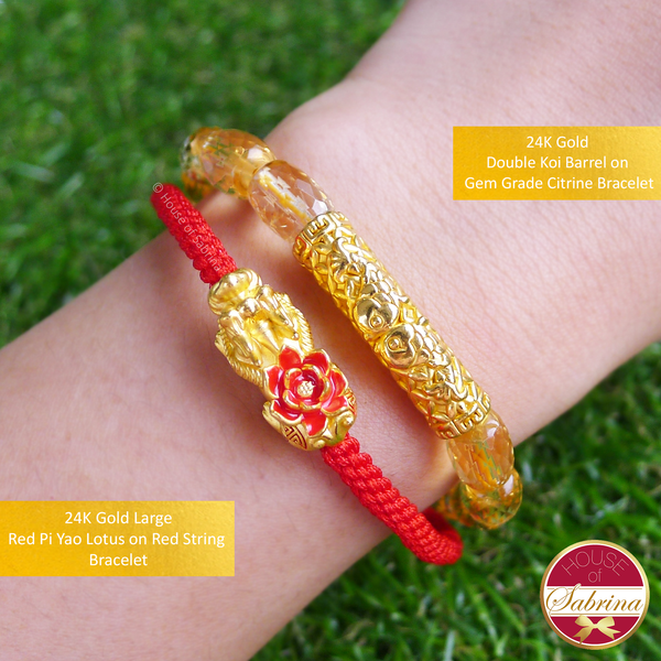 24K Gold Red Pi Yao Lotus (Large) on Lucky Red String Bracelet