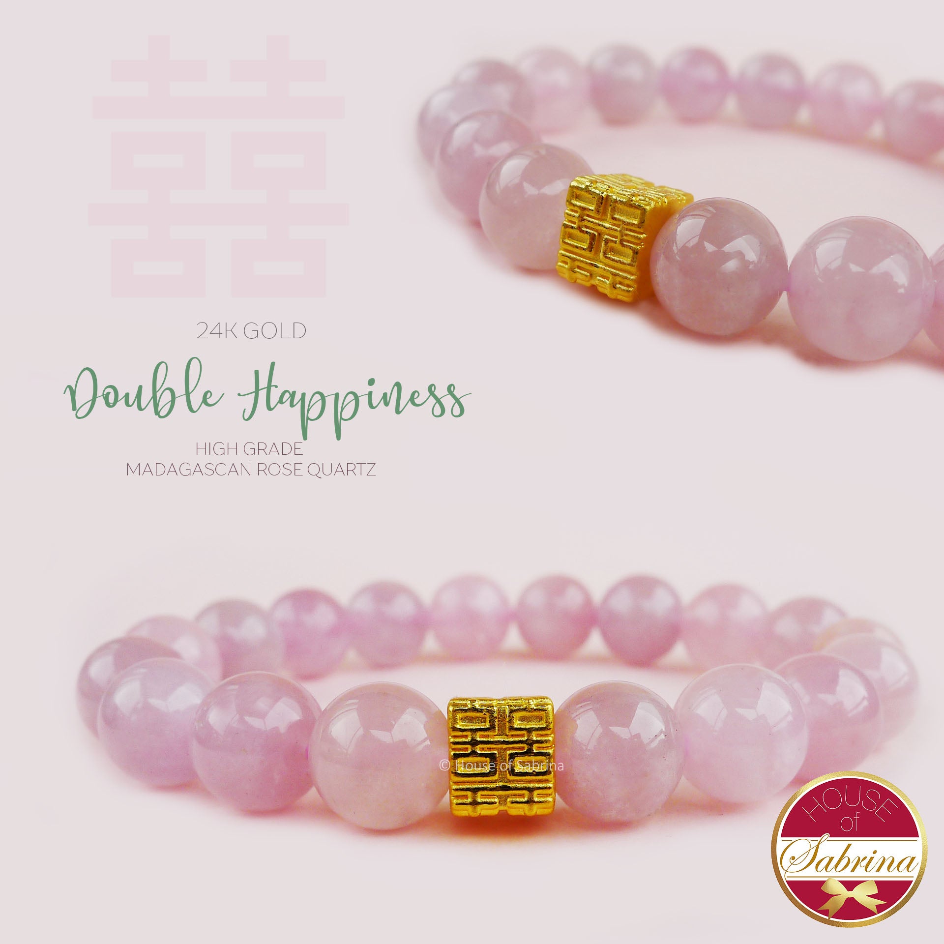 24K GOLD DOUBLE HAPPINESS on HIGH GRADE MADAGASCAN ROSE QUARTZ LUCKY CHARM BRACELET