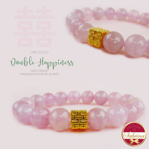 24K GOLD DOUBLE HAPPINESS on HIGH GRADE MADAGASCAN ROSE QUARTZ LUCKY CHARM BRACELET