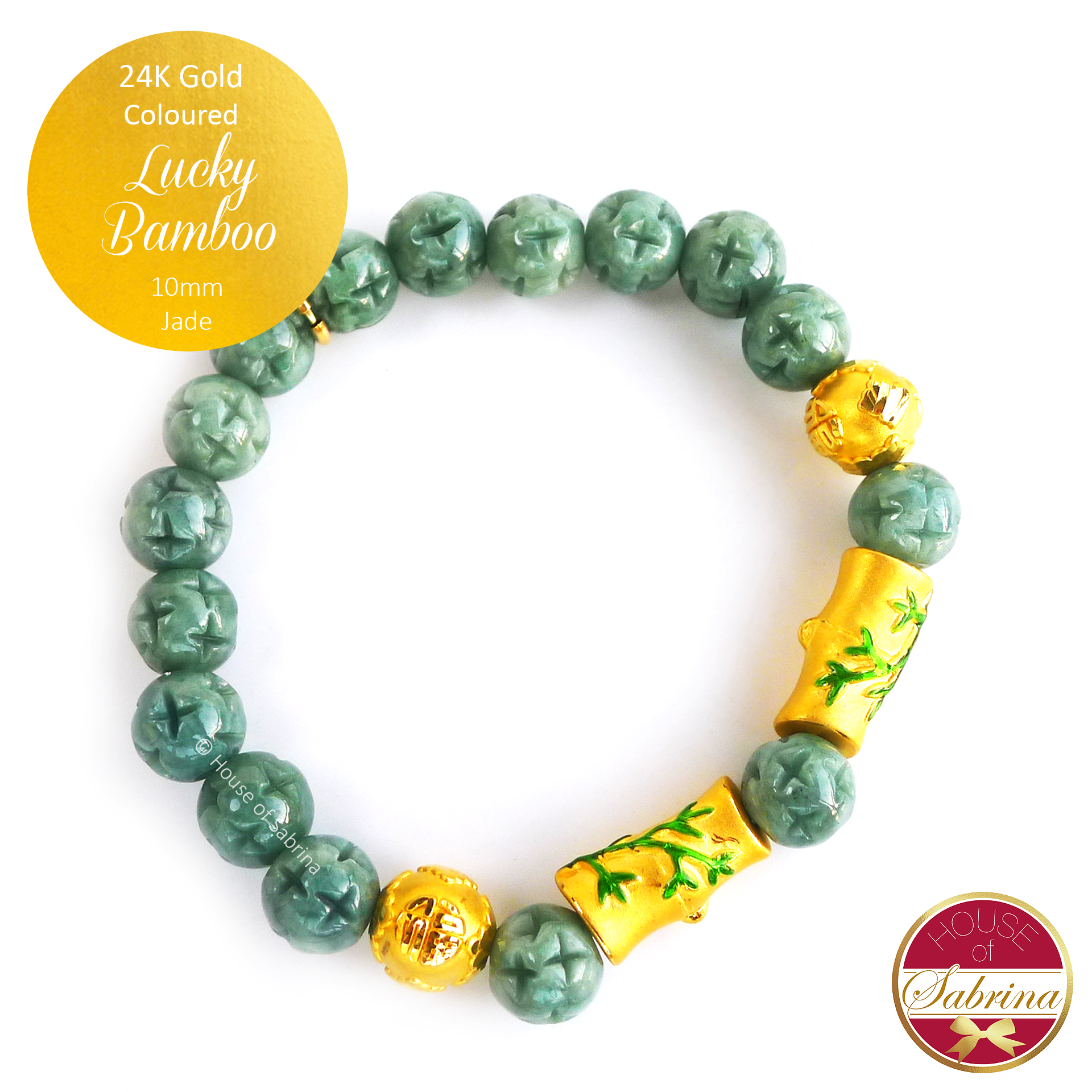 24K Gold Coloured Double Lucky Bamboo with Proseprity Coins on Jade Gemstone Bracelet