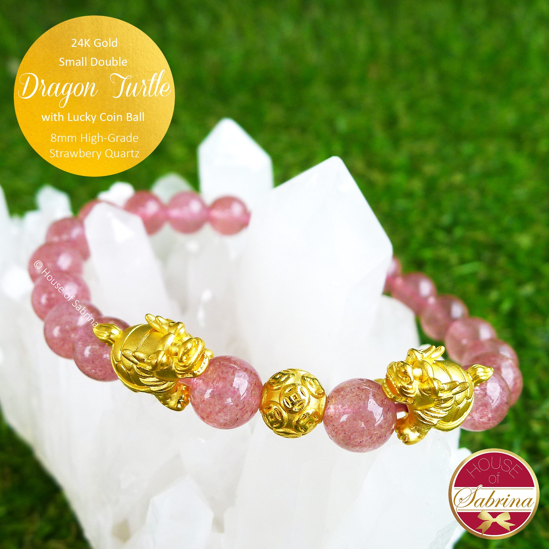 24K Gold Double Dragon Turtle with Lucky Coin on High Grade Strawberry Quartz