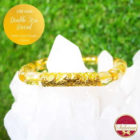 24K Gold Double Koi Barrel on 6mm Gem Grade Faceted Citrine Gemstone Bracelet