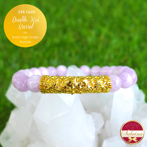 24K Gold Double Koi Barren on 6mm High Grade Kunzite Gemstone Bracelet