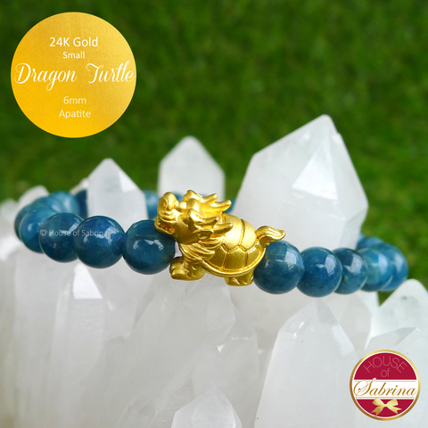 24K Gold Small Dragon Turtle on Apatite Gemstone Bracelet