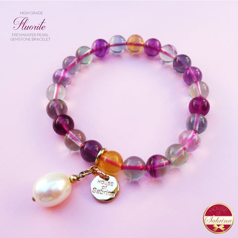 HIGH GRADE FLUORITE WITH DANGLING FRESHWATER PEARL GEMSTONE BRACELET