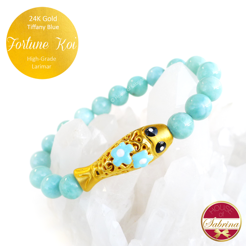 24K Gold Tiffany Blue Fortune Koi on High Grade Larimar Gemstone Bracelet