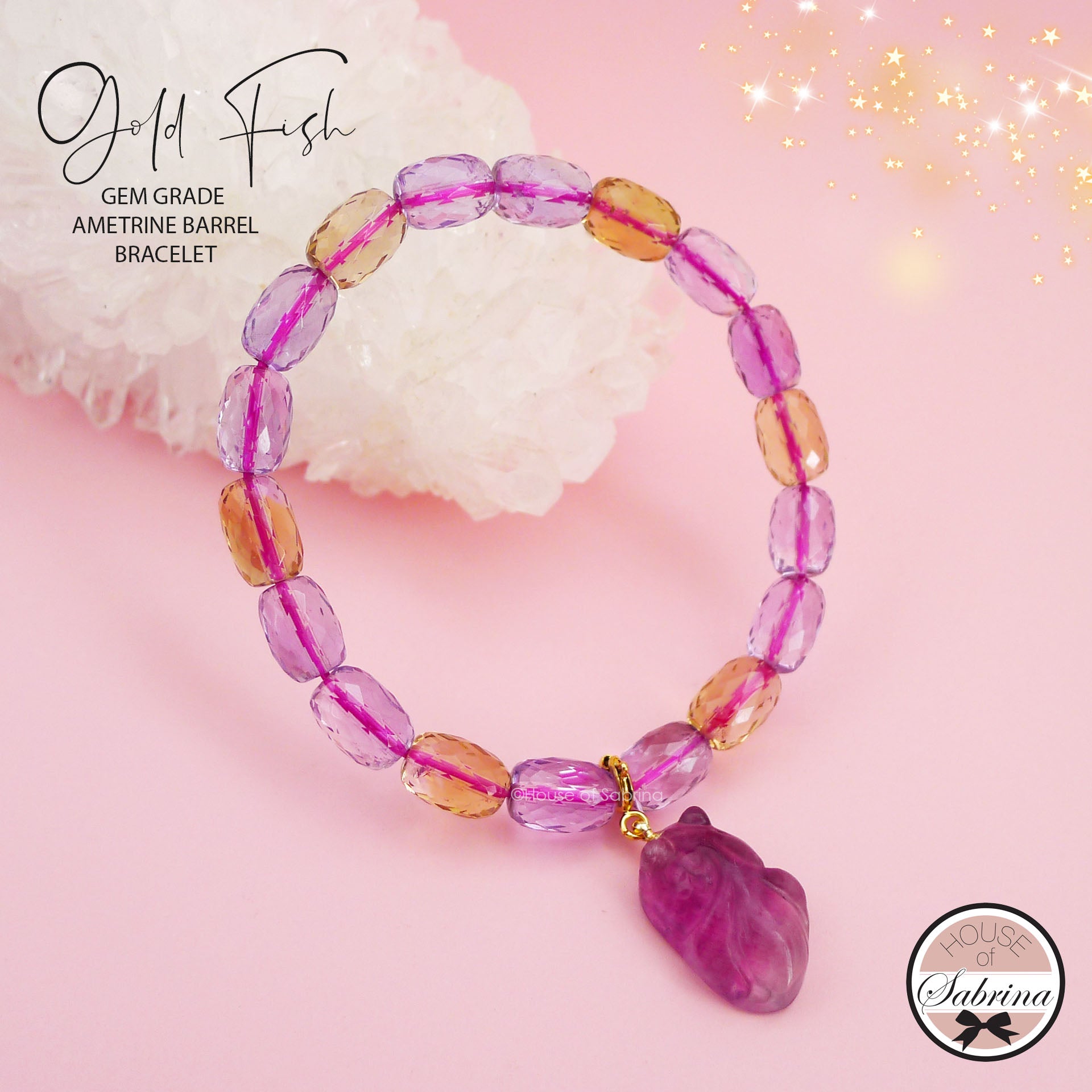 GOLD FISH GEM GRADE BARREL AMETRINE GEMSTONE LUCKY CHARM BRACELET