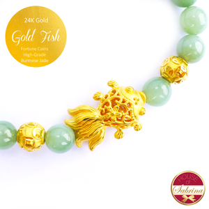 24K Gold Fish with Coins on High Grade Burmese Jade Gemstone Bracelet