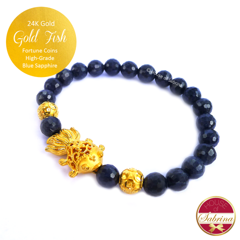 24K Gold Fish with Coins on High Grade Blue Sapphire Gemstone Bracelet