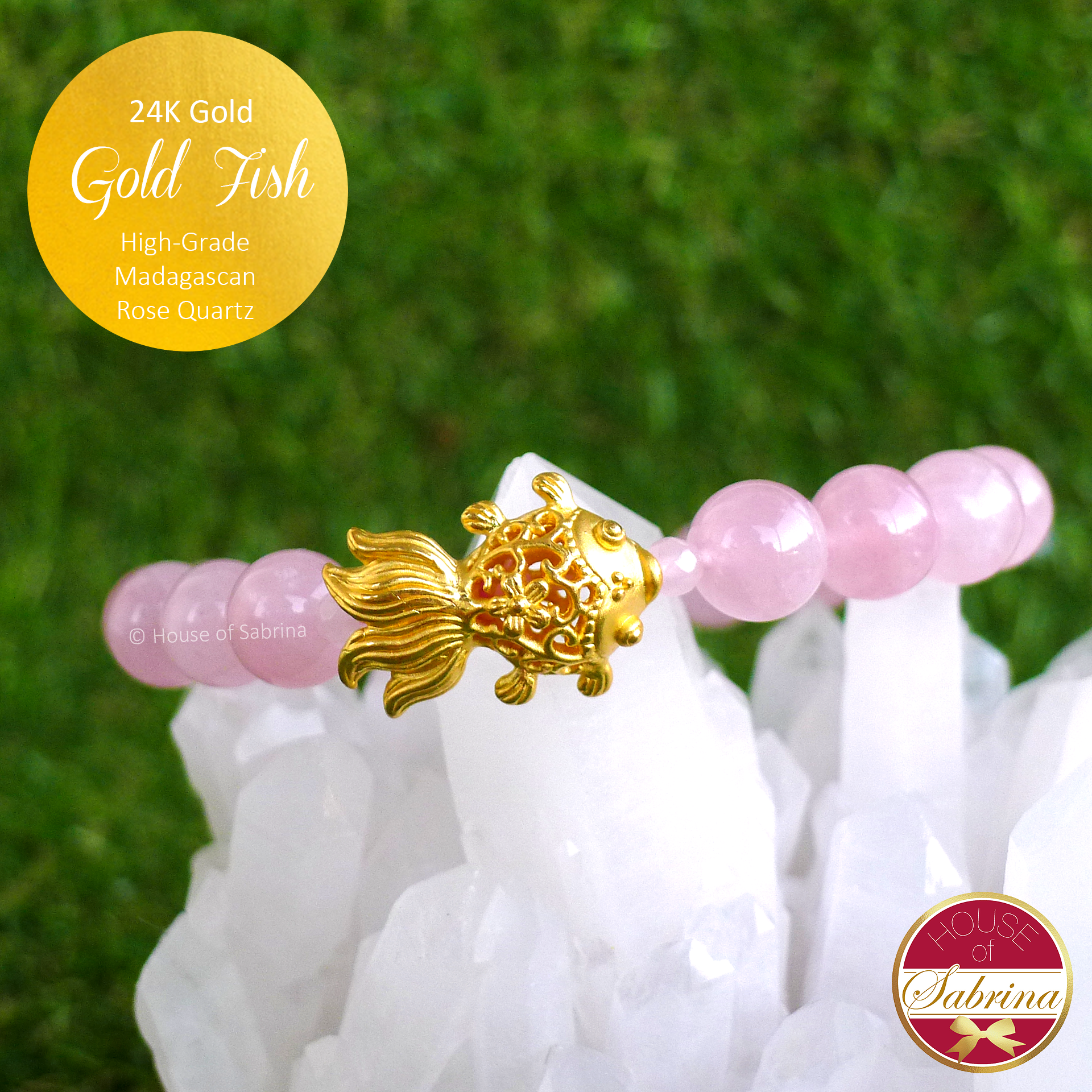 24K Gold Fish on High Grade Madagascan Rose Quartz Gemstone Bracelet