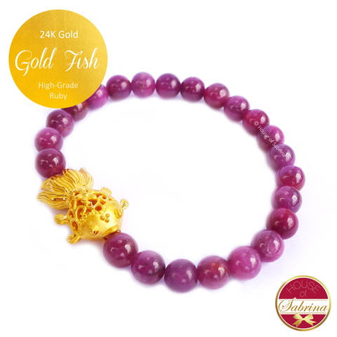 24K Gold Fish on High Grade Ruby Gemstone Bracelet