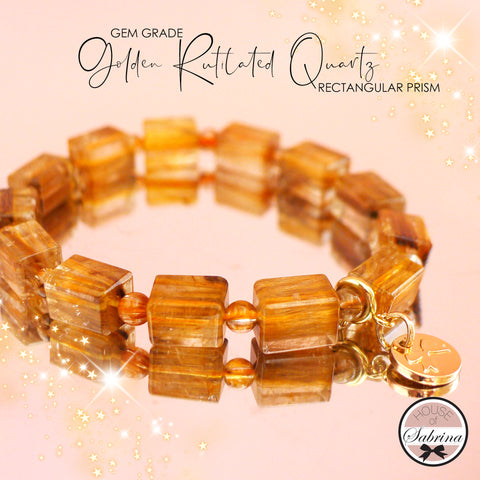 GEM GRADE GOLDEN RUTILATED QUARTZ RECTANGULAR PRISM GEMSTONE LUCKY CHARM BRACELET