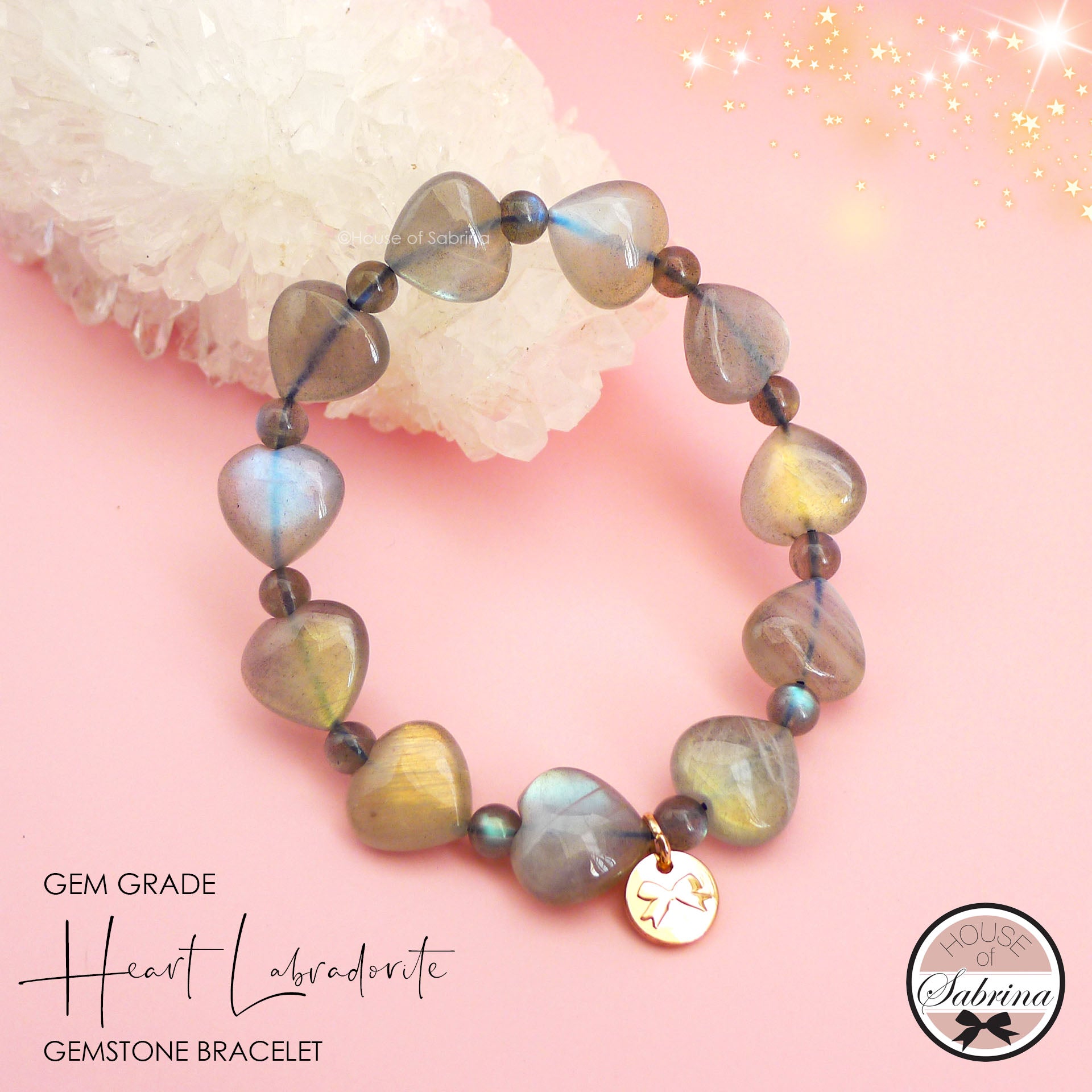 GEM GRADE HEART LABRADORITE  GEMSTONE LUCKY CHARM BRACELET
