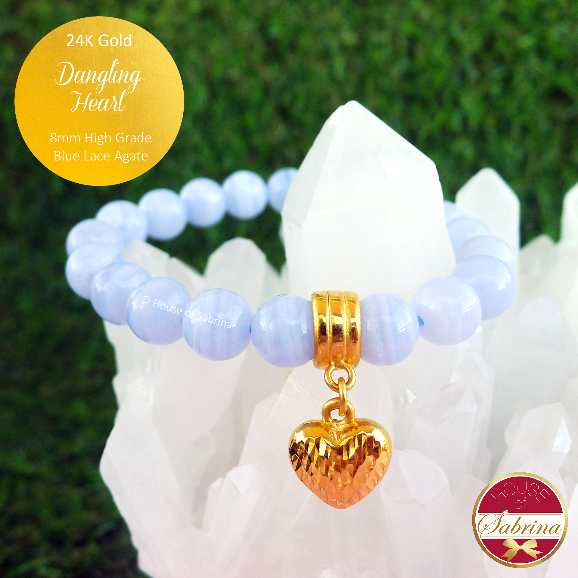 24K Gold Dangling Heart on 8mm High Grade Blue Lace Agate