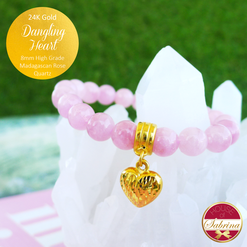 24K Gold Dangling Heart on 8mm High Grade Madagascan Rose Quartz