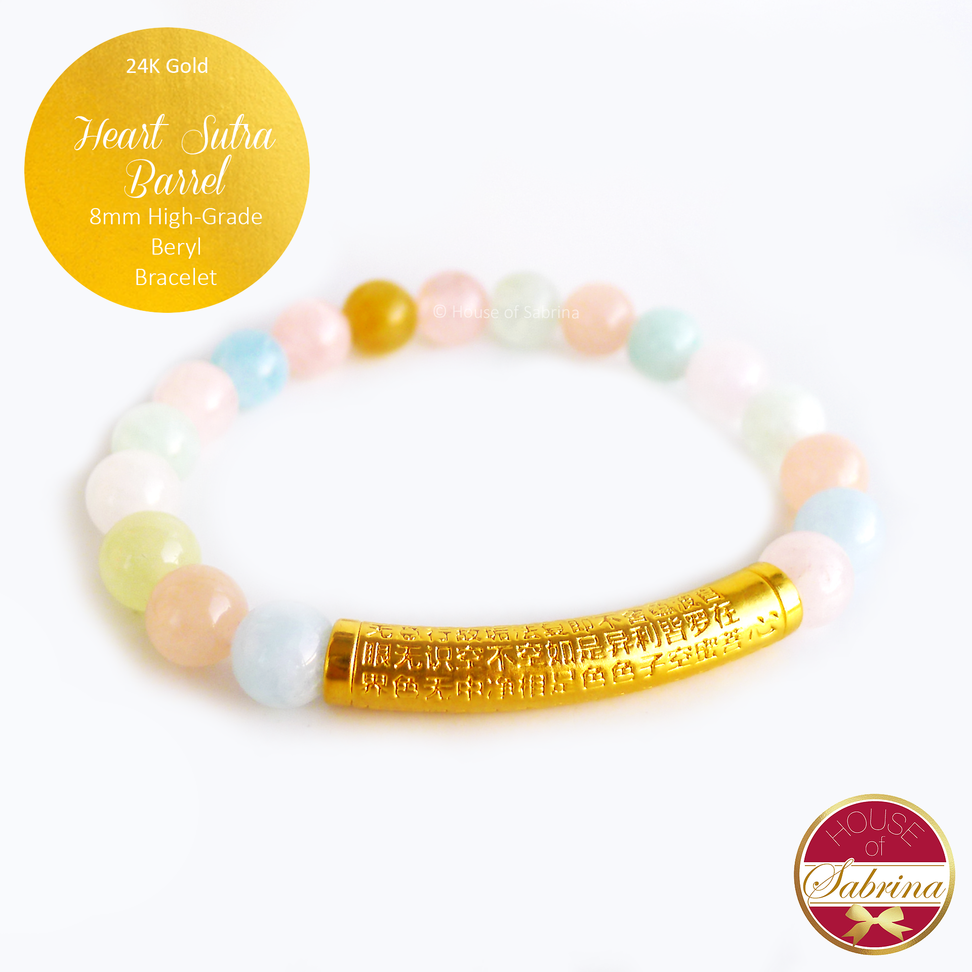 24K Gold Heart Sutra Barrel on High Grade Beryl Bracelet