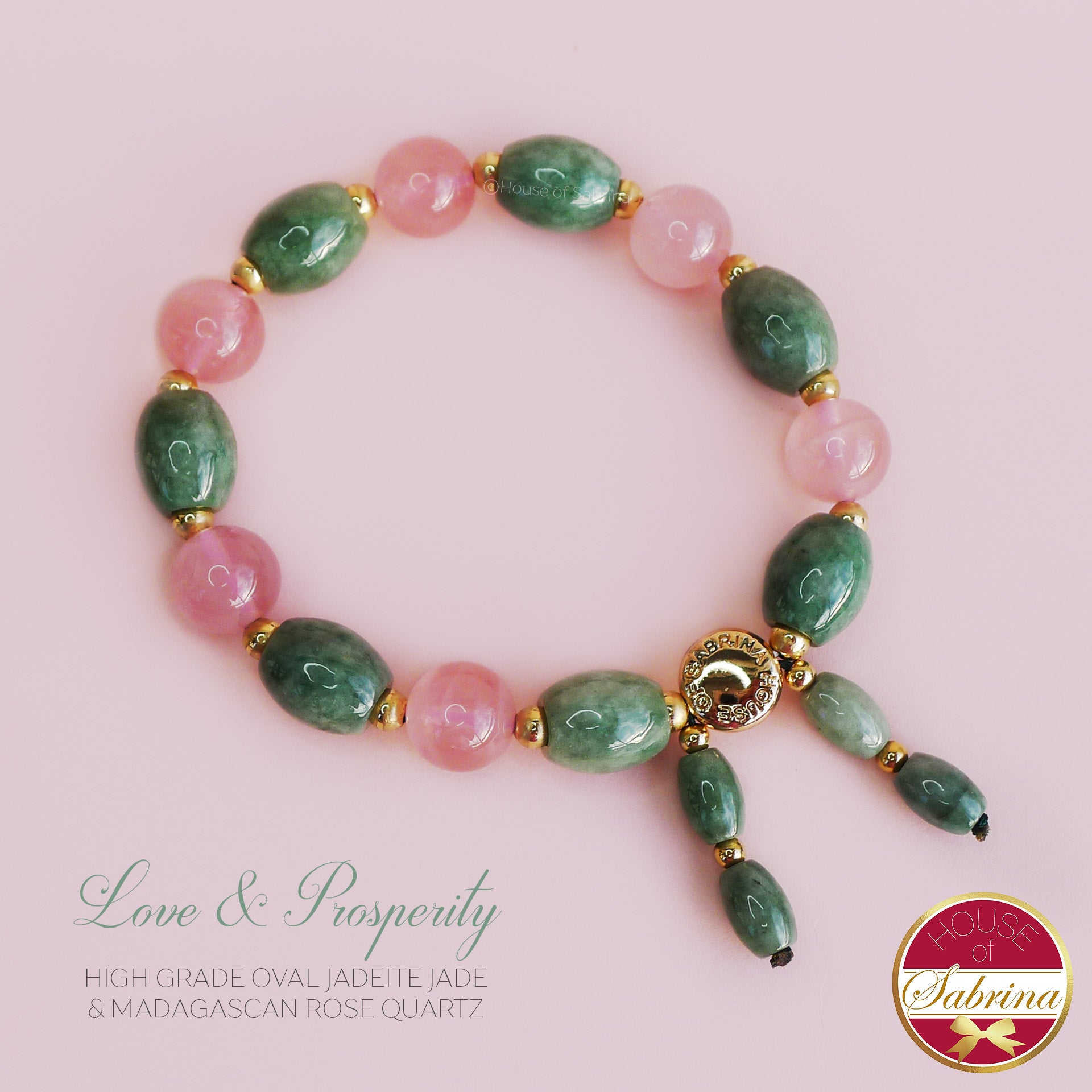 LOVE AND PROSPERITY HIGH GRADE OVAL JADEITE JADE AND MADAGASCAN ROSE QUARTZ BRACELET