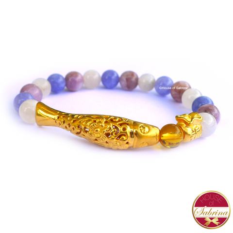 24K Gold Koi and Money Bag in Moonstone, Angelite, and Kunzite Gemstone Bracelet