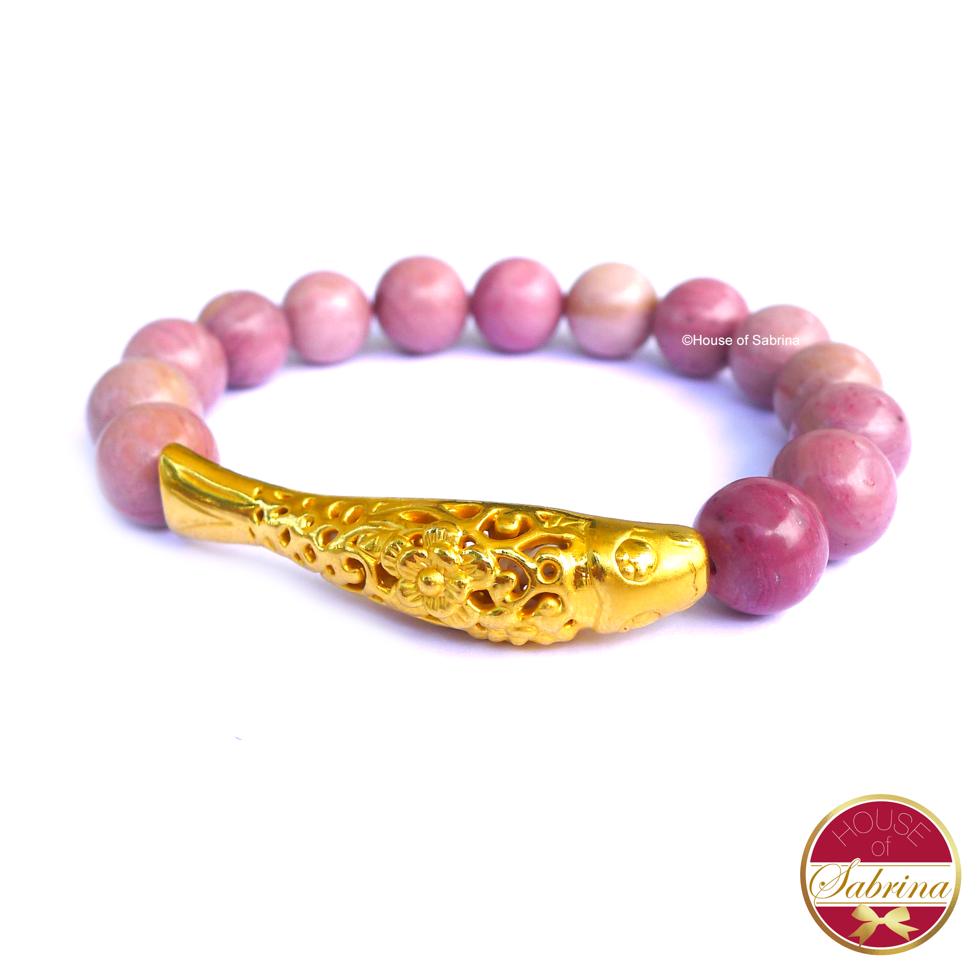 24K Gold Koi in Rhodonite Bracelet