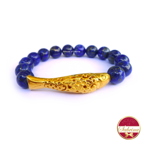 24K Gold Koi in Lapis Lazuli Gemstone Bracelet