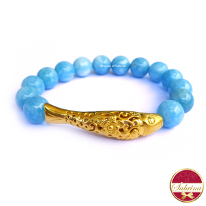 24K Gold Koi in Aqua Blue Agate Gemstone Bracelet