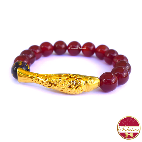 24K Gold Koi in Red Carnelian Gemstone Bracelet