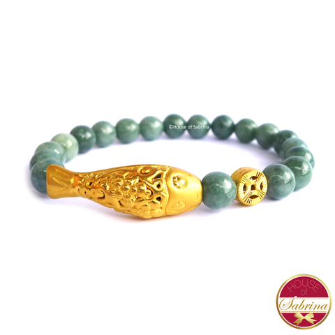 24K Gold Small Koi with Coin on Jade Gemstone Bracelet