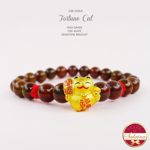 24K GOLD FORTUNE CAT ON HIGH GRADE FIRE AGATE GEMSTONE BRACELET