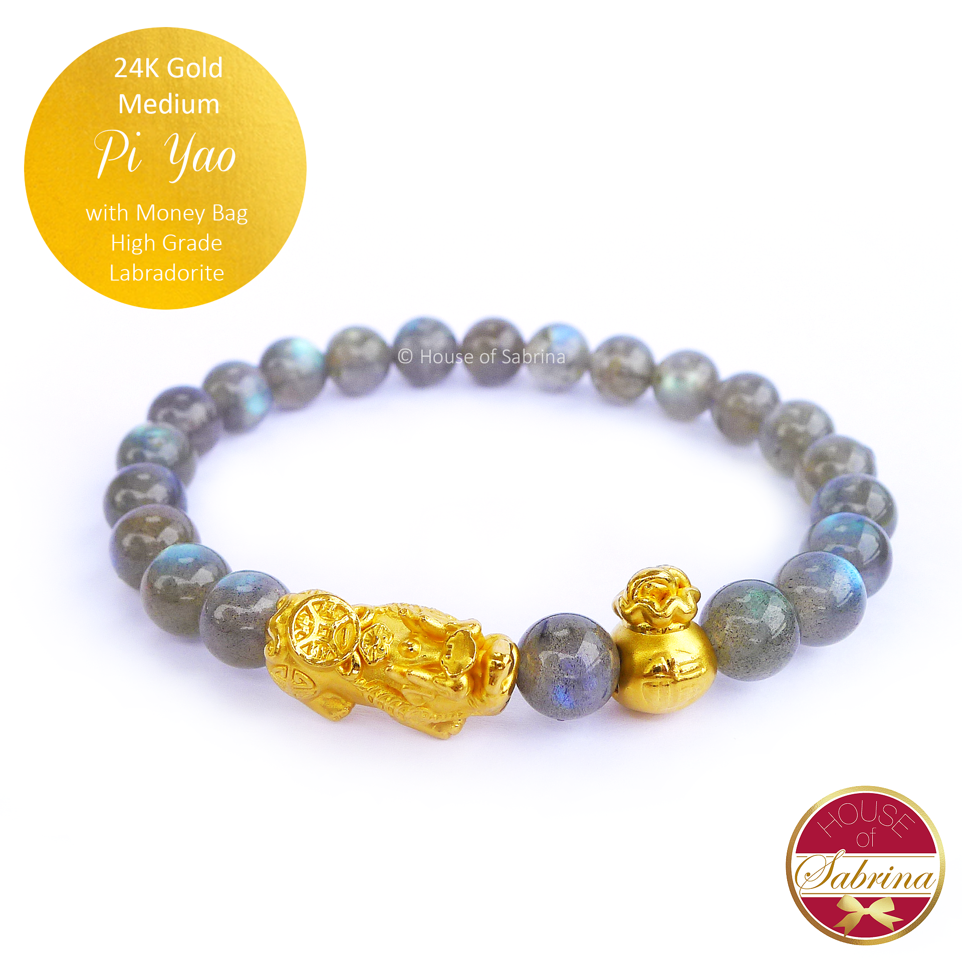 24K Gold Medium Pi Yao with Lucky Coin on High Grade Labradorite Gemstone Bracelet