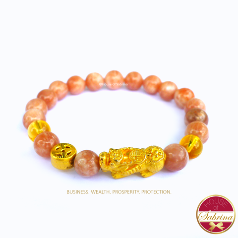24K Gold Large Pi Yao with Ru Yi on Sunstone & Citrine Gemstone Bracelet