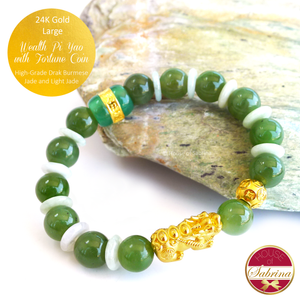 24K Gold Large Pi Yao with Fortune Coin on High Grade Dark Burmese Jade Feng Shui Gemstone Bracelet